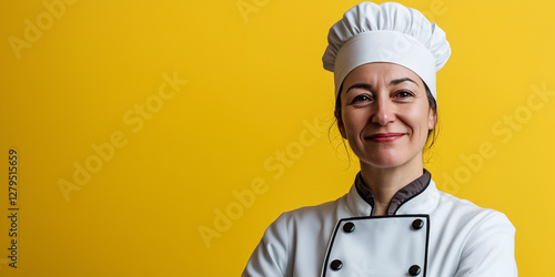 Smiling Professional Female Chef in White Uniform and Toque Against Bright Yellow Background with Copy Space