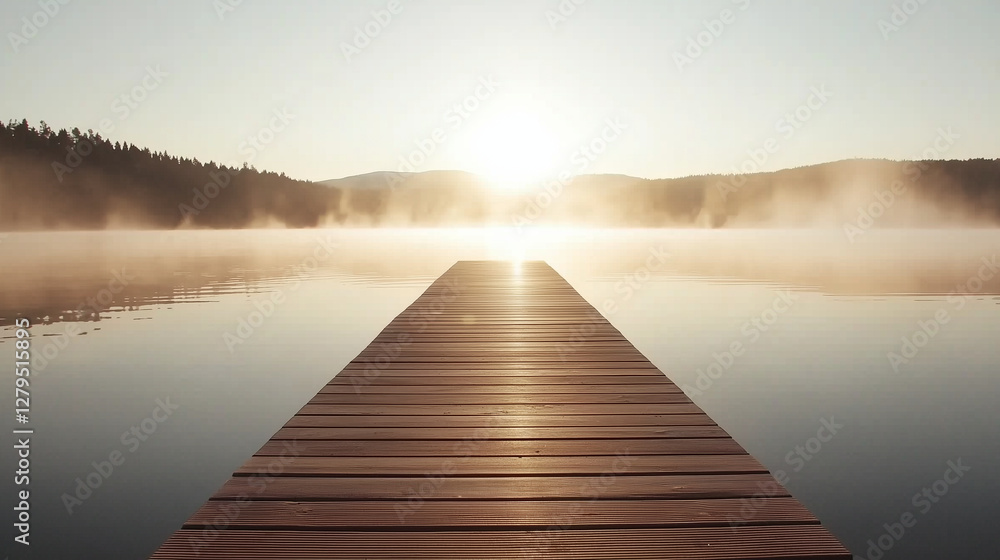 Fototapeta premium A wooden pier at sunrise over a calm lake with mist