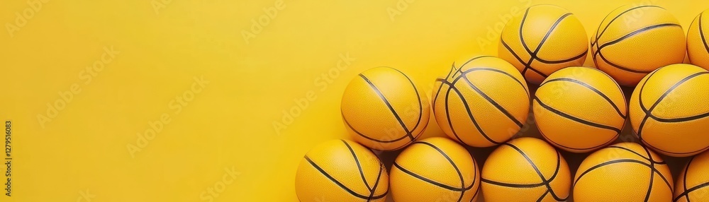 Obraz premium Stacked yellow basketballs on yellow background. Sport