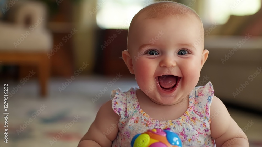 Happy Baby Smiling with Colorful Toy in a Bright Room Happy Baby Smiling with Colorful Toy in a Bright Room