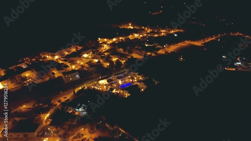 Aerial night view of Rodalquilar, Cabo de Gata-Níjar Natural Park, Almeria, Andalusia, Spain
