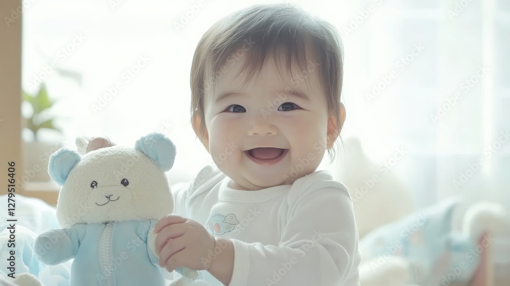 Happy Baby Smiling with Soft Toy in Bright Indoor Setting Happy Baby Smiling with Soft Toy in Bright Indoor Setting