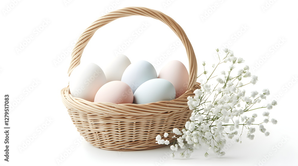 Simple Elegant Wicker Basket with Pastel Eggs and Delicate Spring Flowers – Photorealistic Minimalist Composition with Soft Diffused Lighting, Subtle Shadows, and a Clean White Background Simple Elegant Wicker Basket with Pastel Eggs and Delicate Spring Flowers – Photorealistic Minimalist Composition with Soft Diffused Lighting, Subtle Shadows, and a Clean White Background