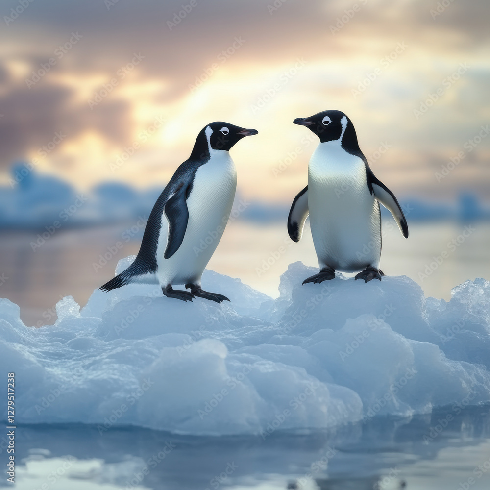 Naklejka premium Penguins standing on a frozen Arctic shoreline, crisp ice textures, soft polar light, breathtaking wildlife scene, hyper-detailed realism, ultra-HD resolution, 8K 
