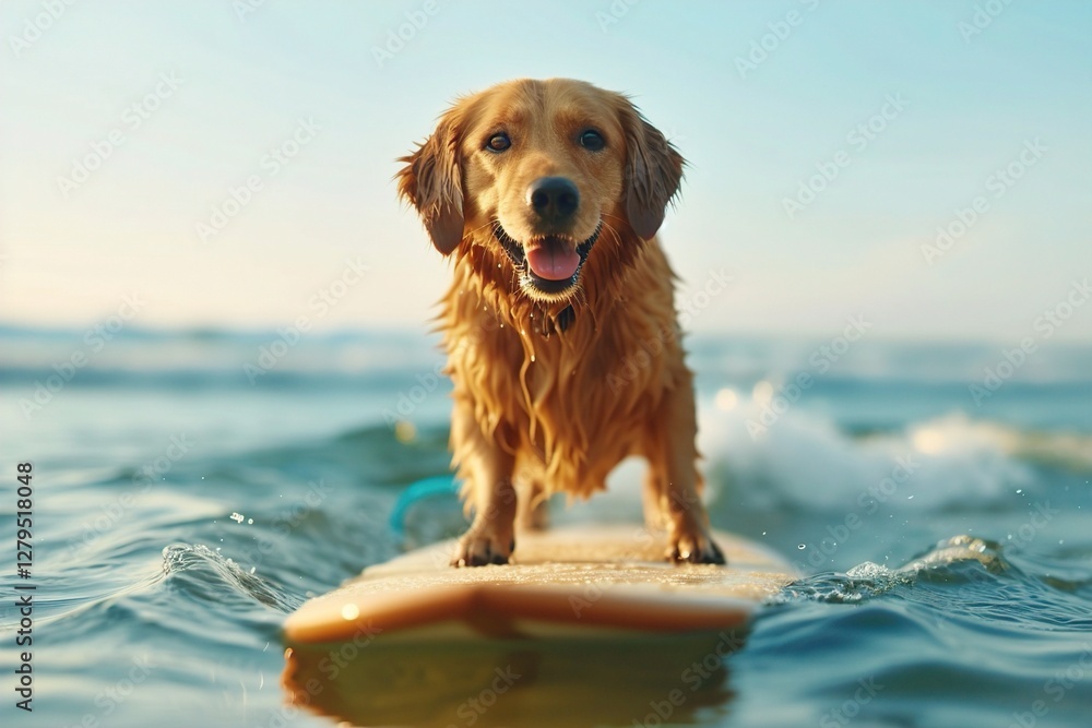 A golden retriever enjoying a sunny day on a surfboard, gleefully riding the waves in the ocean. pet sports and adventure, surfing dog A golden retriever enjoying a sunny day on a surfboard, gleefully riding the waves in the ocean. pet sports and adventure, surfing dog