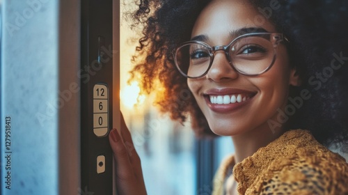 Beautiful person with eyeglasses smiling and entering code on keypad of home security alarm.