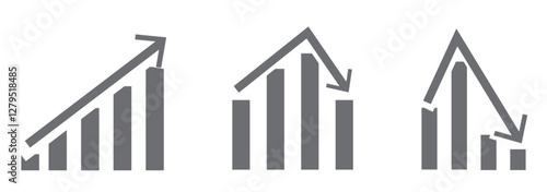 Growth and decline of company profits Isolated vector icon. Company performance indicator. Growing graph icon graph sign. Diagram of increasing and decreasing profits. Profit growth icons on white bac
