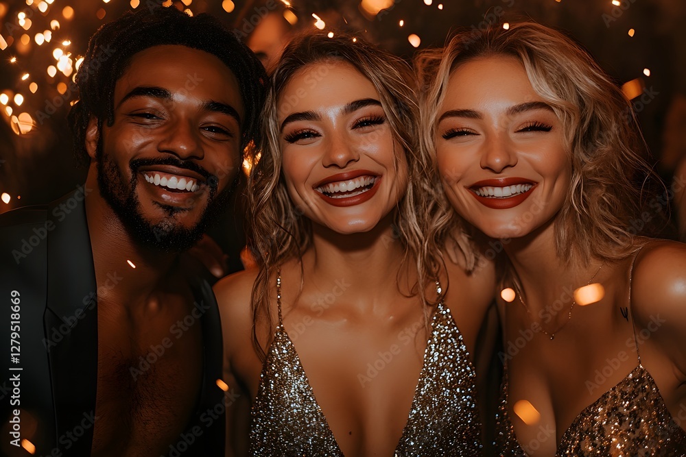 Obraz premium Three women are smiling and posing for a picture in a party. Scene is happy and celebratory
