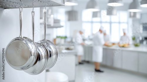 Hanging Stainless Steel Pans in a Professional Kitchen