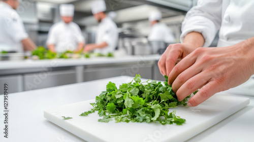 Fototapeta Naklejka Na Ścianę i Meble -  Chef Preparing Fresh Cilantro in a Professional Kitchen