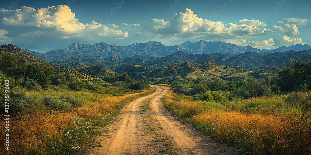 Naklejka premium Tranquil Adventure: A Picturesque Explore on a Meandering Dirt Road through Misty Mountains