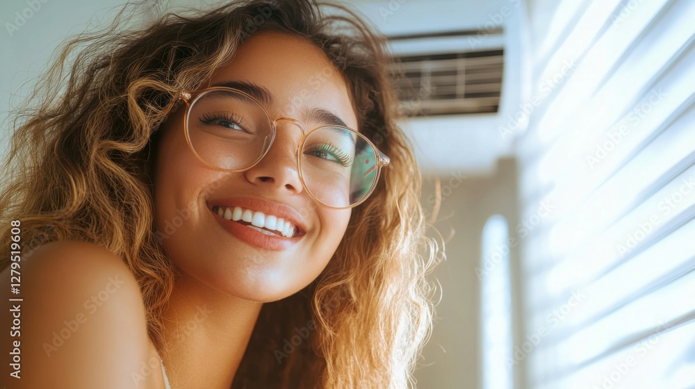 Beautiful young woman smiling and wearing glasses while operating the air conditioner with a remote controller at home. Beautiful young woman smiling and wearing glasses while operating the air conditioner with a remote controller at home.