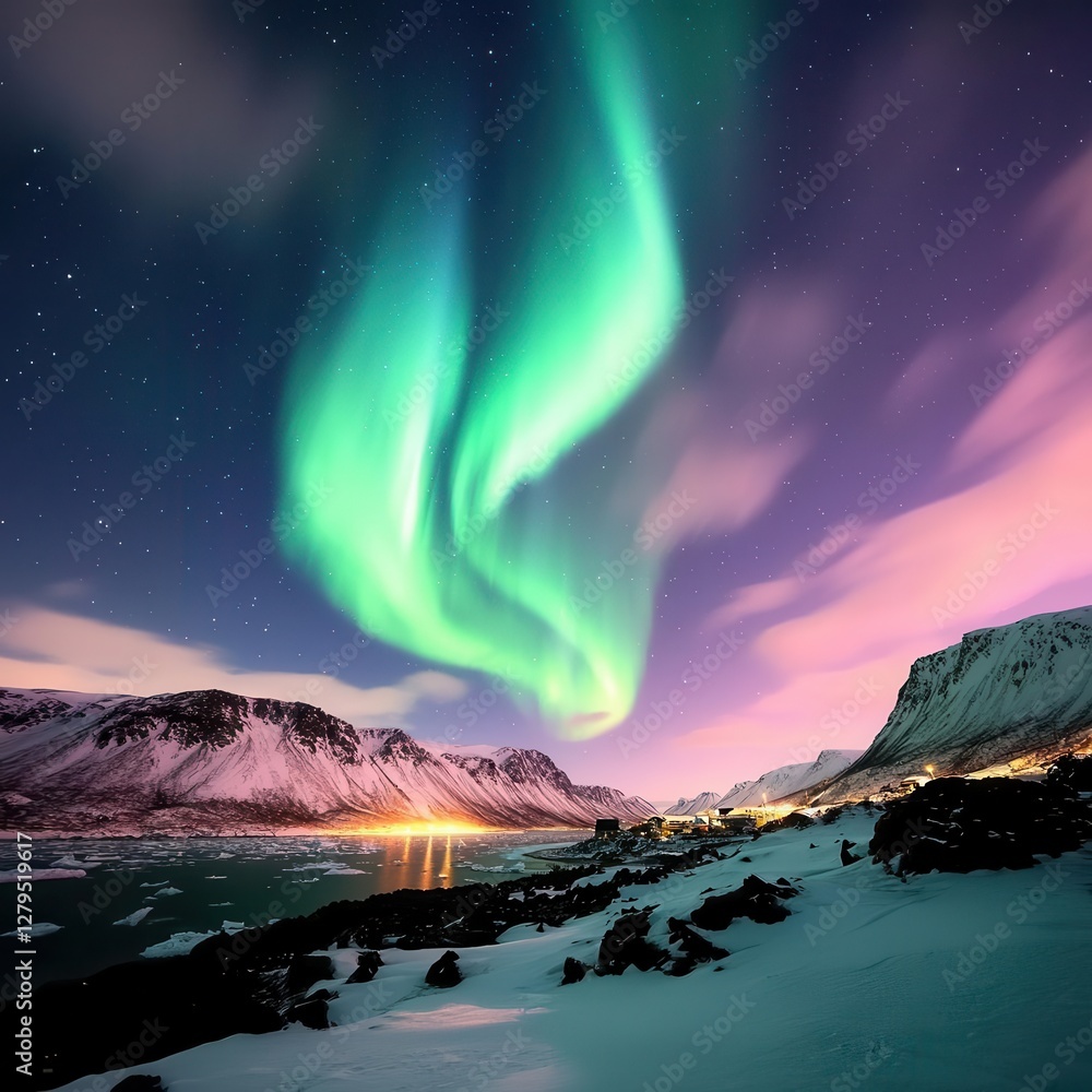 Naklejka premium Magical northern lights illuminating a serene winter landscape.