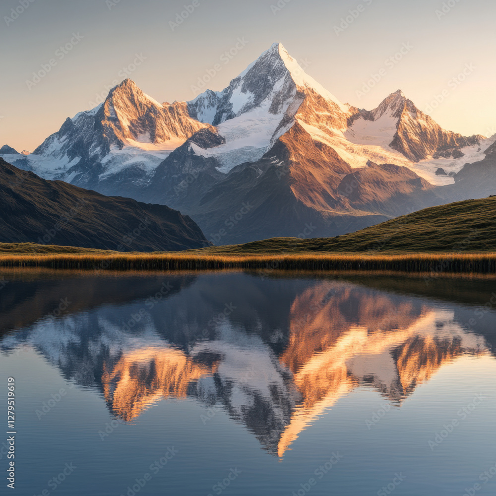 Obraz premium Snow-capped mountains reflecting in a pristine alpine lake, perfect symmetry, golden hour glow, breathtaking scenery, National Geographic style, ultra-detailed textures, 8K resolution 