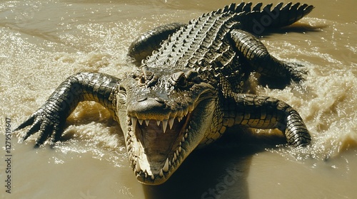 River crocodile attacks, murky water, jungle background, wildlife documentary
