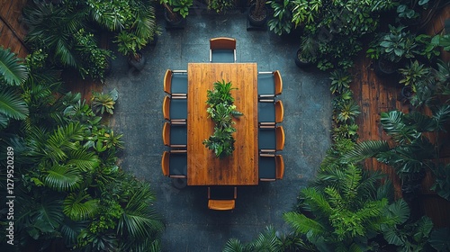 A wooden dining table is surrounded by lush green vegetation