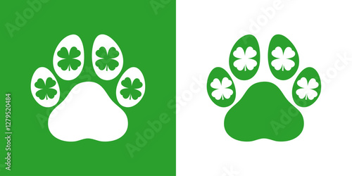 Día de San Patricio. Logo pet friendly. Silueta de zarpa de perro o gato con trébol de 4 hojas en espacio negativo para su uso en tarjetas y felicitaciones