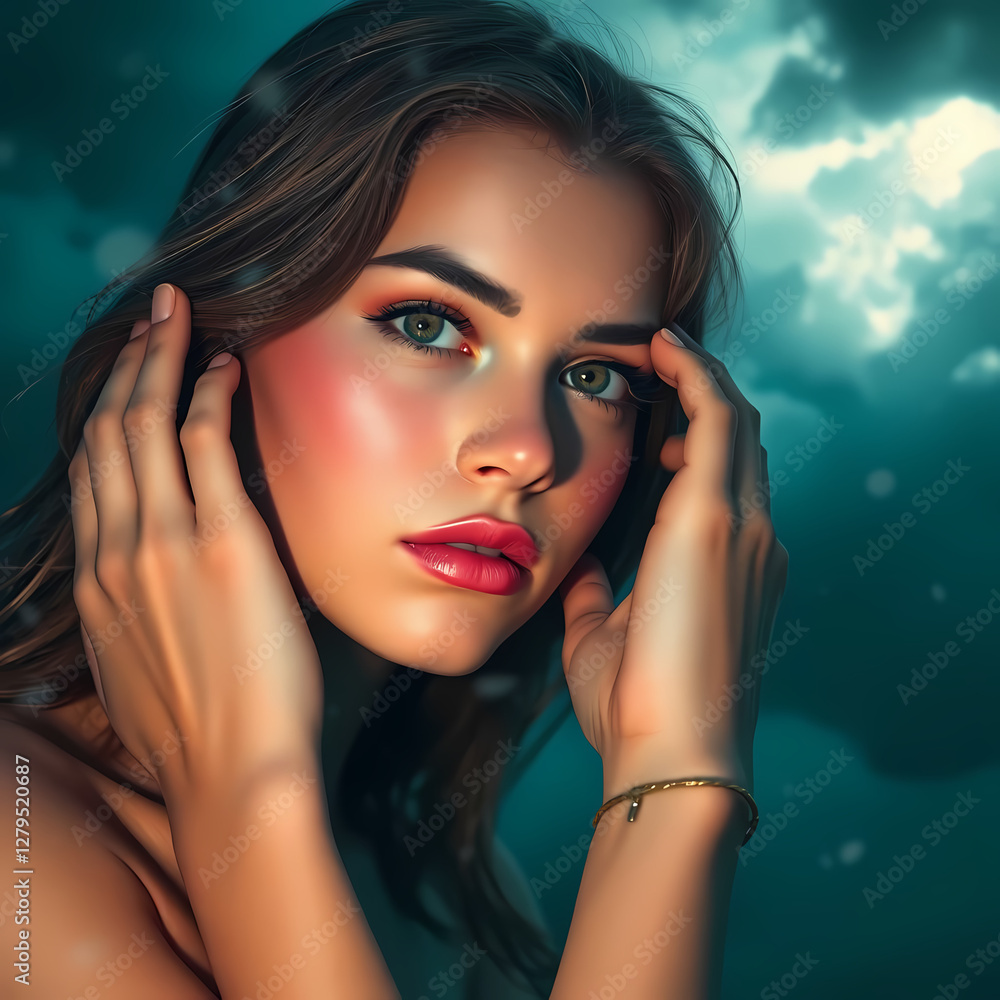 Fototapeta premium Alluring portrait, infatuated mood, striking beauty with intense gaze