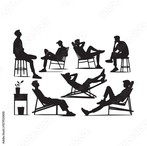 Relaxed men in different poses silhouette vector illustration