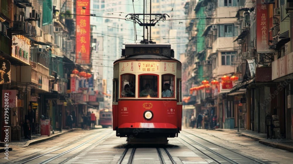 Naklejka premium Hong Kong Tram in City Street; Urban Transportation Scene; Photo Opportunity