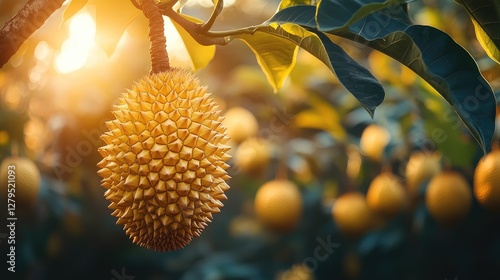 Golden Durian Fruit Hanging in Orchard at Sunrise photo