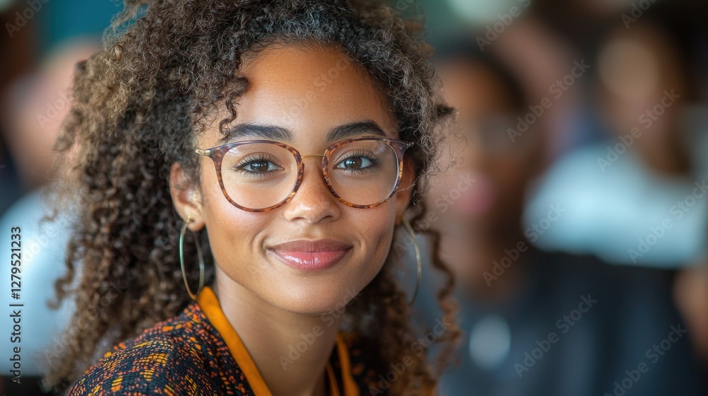 Smiling woman with eyeglasses looking directly at the viewer Smiling woman with eyeglasses looking directly at the viewer