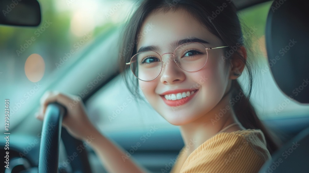 Beautiful young woman happily holding the steering wheel while driving a car wearing eyeglasses. Beautiful young woman happily holding the steering wheel while driving a car wearing eyeglasses.