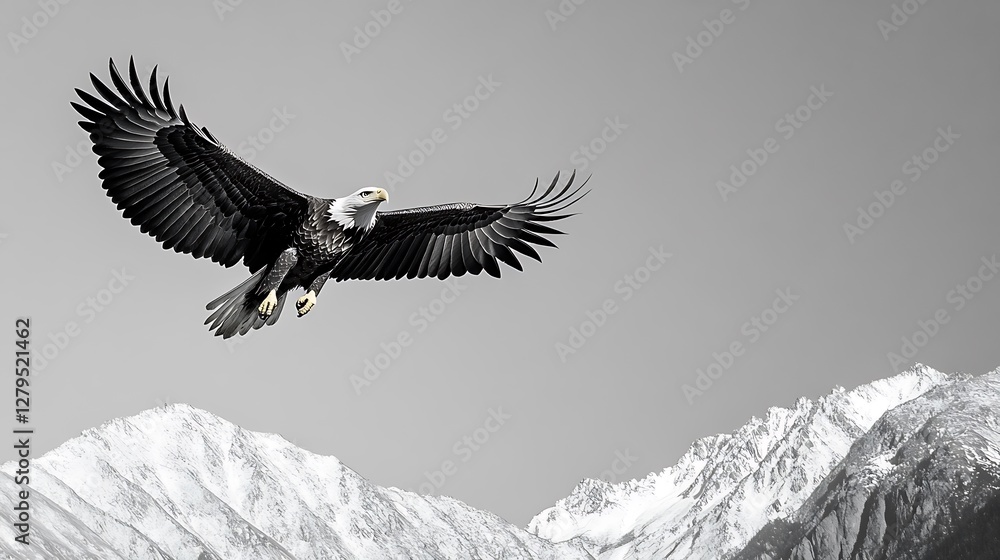 Fototapeta premium Majestic Bald Eagle Flying Over Snow Covered Mountains in Winter