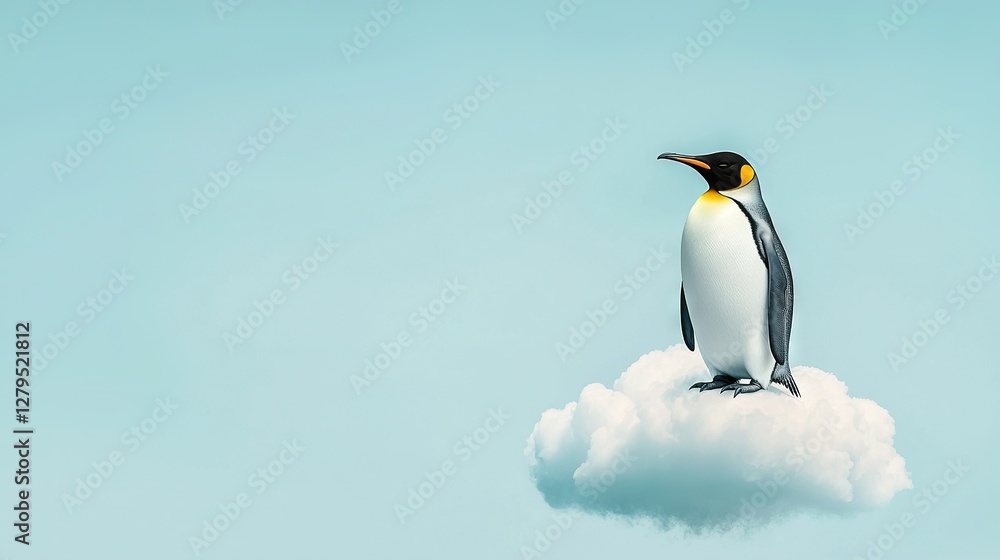 Fototapeta premium Penguin atop cloud with blue backdrop and cloud in fg