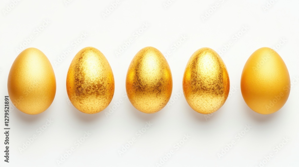 Easter golden decorated eggs stand in a row on white background. Minimal easter concept. Happy Easter card with copy space for text. Top view, flatlay. Easter golden decorated eggs stand in a row on white background. Minimal easter concept. Happy Easter card with copy space for text. Top view, flatlay.