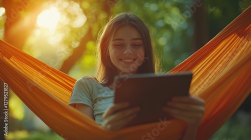 Beautiful woman with a smile, sitting in a hammock, watching a movie on a digital tablet.