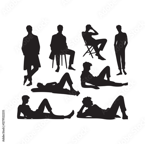Relaxed men in different poses silhouette vector illustration