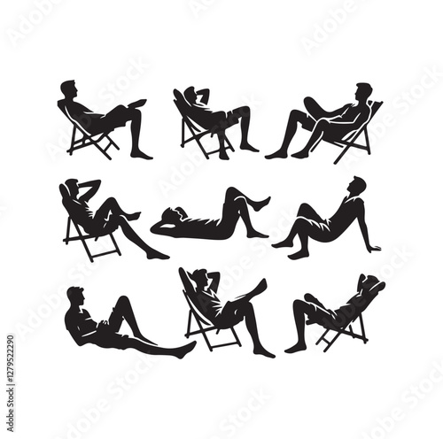 Relaxed men in different poses silhouette vector illustration