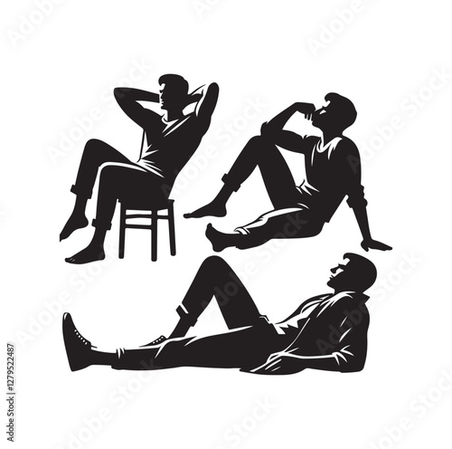 Relaxed men in different poses silhouette vector illustration