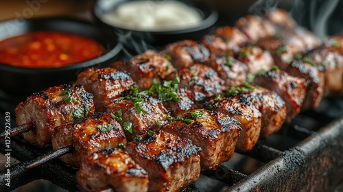 Grilled Meat Skewers with Sauces on a Grill photo