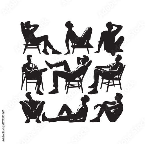 Relaxed men in different poses silhouette vector illustration
