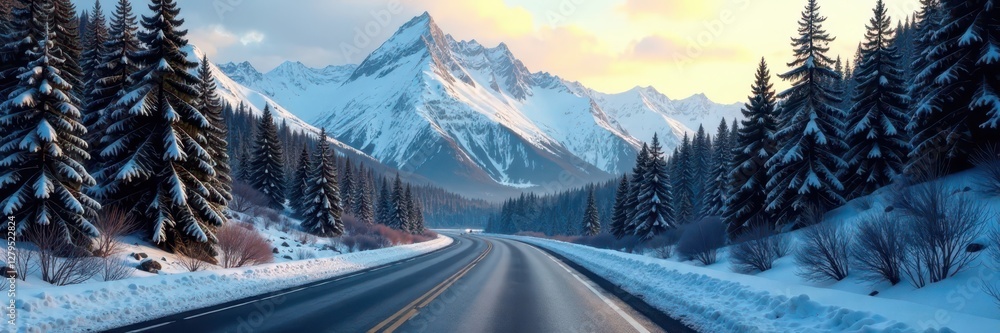 A winding road leads through a tunnel of trees and into a snowy mountain range, mountains, highway, landscape A winding road leads through a tunnel of trees and into a snowy mountain range, mountains, highway, landscape