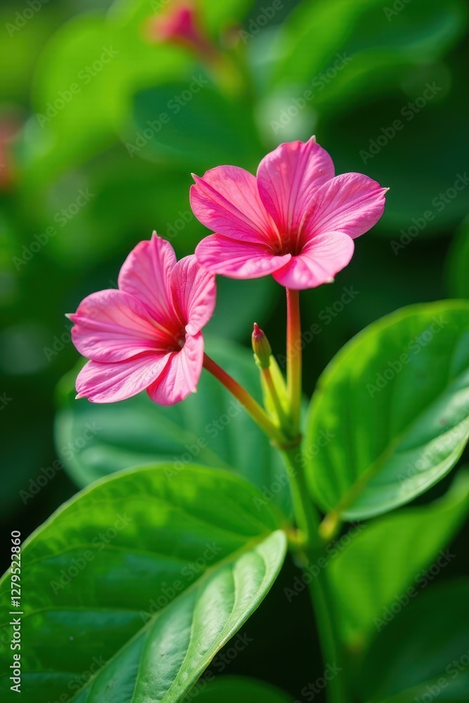 Adenium obesum pink flowers against a bright green leafy background, adenium obesum, lush greenery Adenium obesum pink flowers against a bright green leafy background, adenium obesum, lush greenery