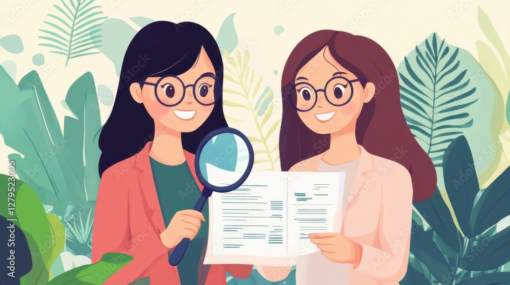 Two beautiful businesswomen wearing eyeglasses are smiling while carefully inspecting an invoice using a magnifying glass for a tax fraud investigation. Two beautiful businesswomen wearing eyeglasses are smiling while carefully inspecting an invoice using a magnifying glass for a tax fraud investigation.