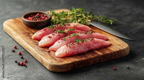 Fototapeta Naklejka Na Ścianę i Meble -  Raw turkey breast fillets on wooden board with herbs and spices