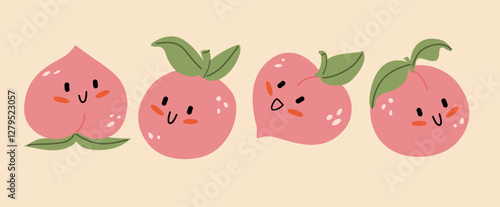 Cute kawaii peach. Peaches are characters in different positions.