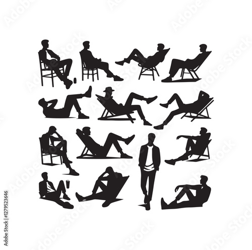 Relaxed men in different poses silhouette vector illustration
