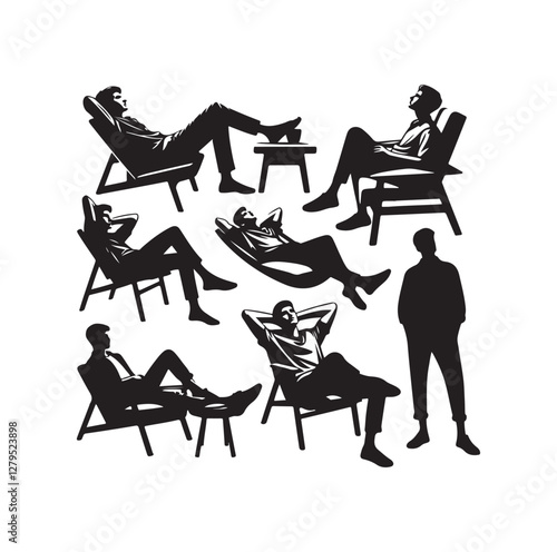 Relaxed men in different poses silhouette vector illustration