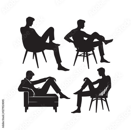 Relaxed men in different poses silhouette vector illustration