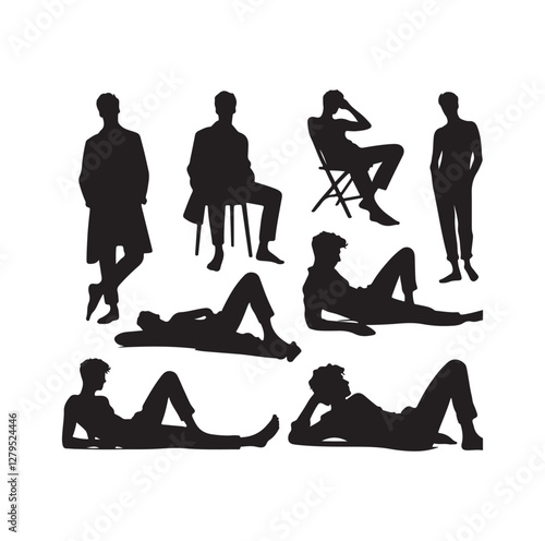 Relaxed men in different poses silhouette vector illustration