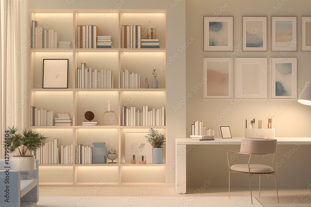 Fototapeta premium A light, minimalist home office interior designed as a backdrop for online meetings