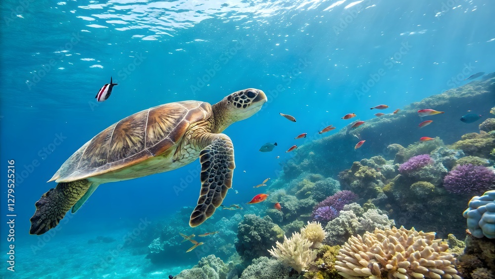 Obraz premium A sea turtle swimming gracefully through clear blu