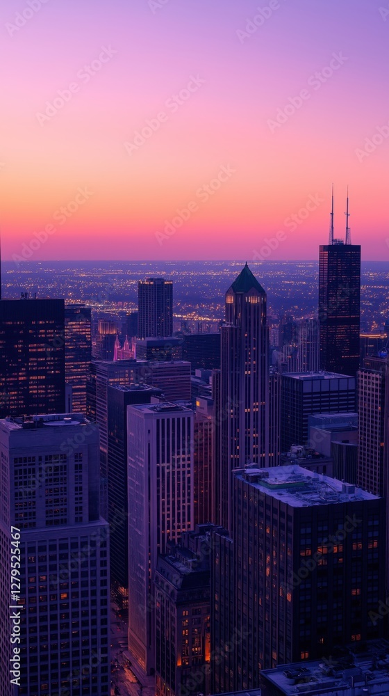 Stunning city skyline at dusk with glowing lights and vibrant sunset Stunning city skyline at dusk with glowing lights and vibrant sunset
