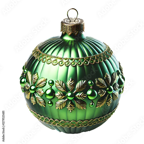 Shiny green Christmas ornament isolated on white background. 