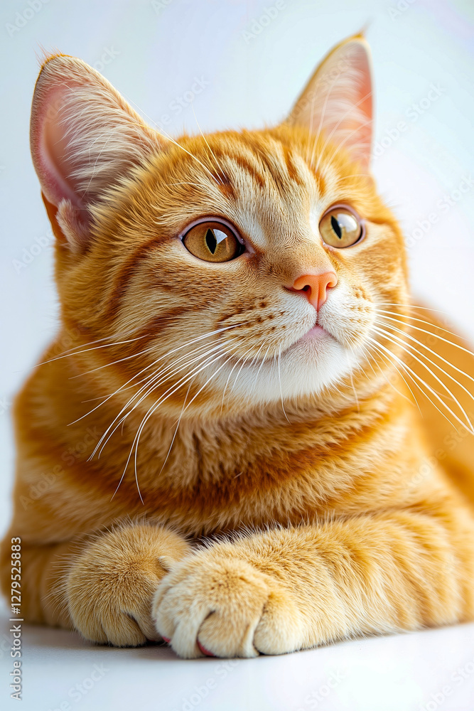 An orange cat laying down on a white surface An orange cat laying down on a white surface